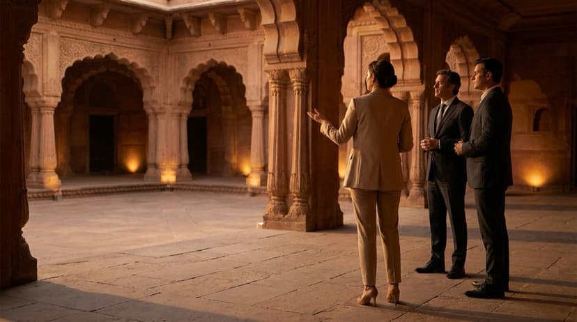 Le directeur d'un office de tourisme présente à deux invités la cour illuminée d'un palais de grès, au crépuscule.