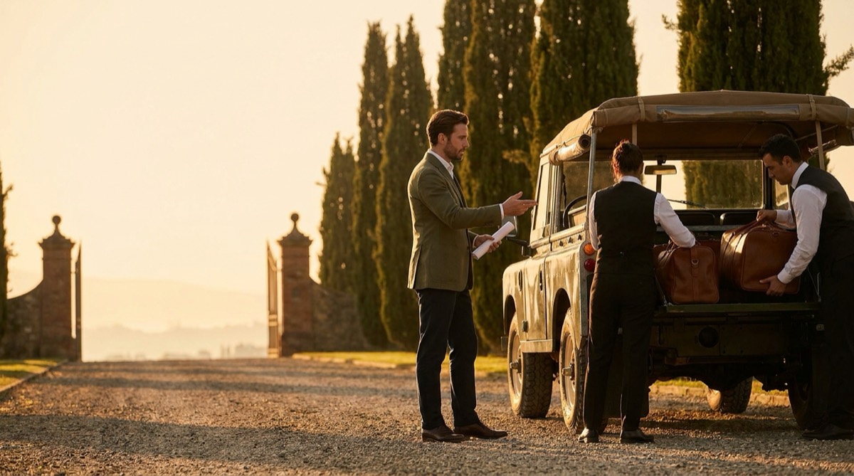A destination specialist briefing staff at an estate gate at first light as a vintage open-top vehicle is loaded with leather luggage.