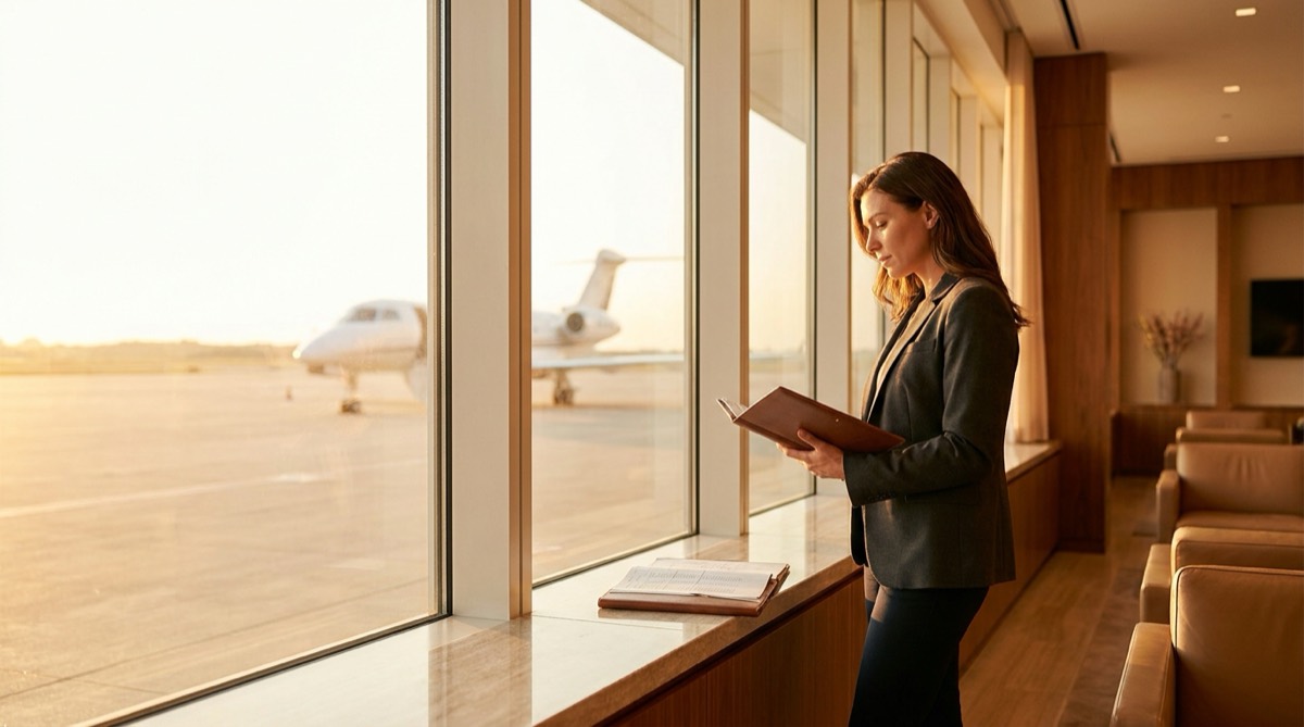 A principal's assistant at a private aviation terminal, checking a leather folio against a manifest, a jet on the apron beyond.