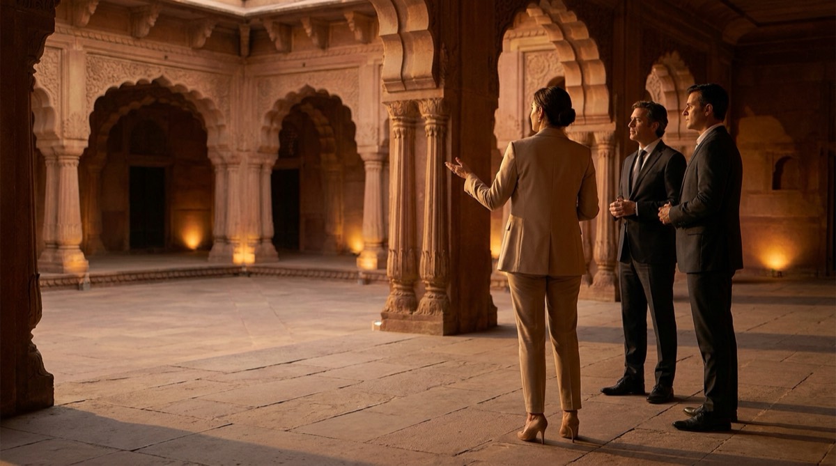 A tourism board director presenting a floodlit sandstone palace courtyard to two guests at dusk.