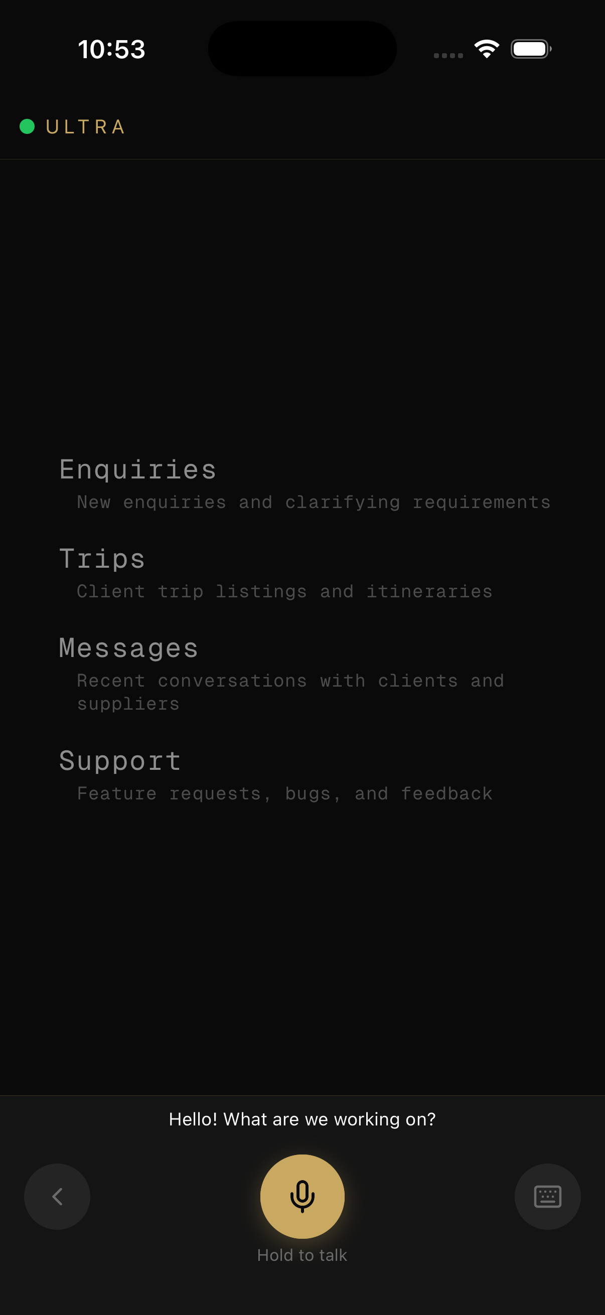 Ultra mobile app \u2014 voice-first concierge assistant