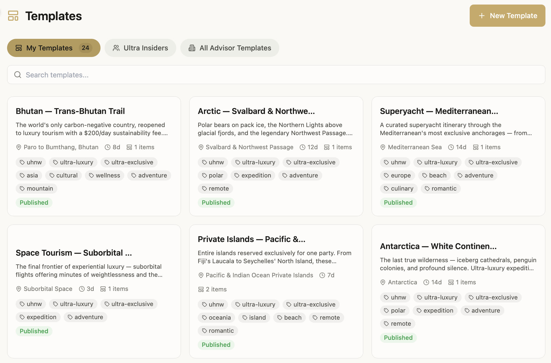 Ultra template gallery — curated itinerary templates by destination